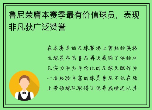 鲁尼荣膺本赛季最有价值球员，表现非凡获广泛赞誉